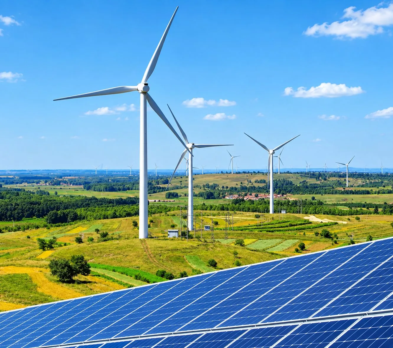 Solar panels in front of wind turbines